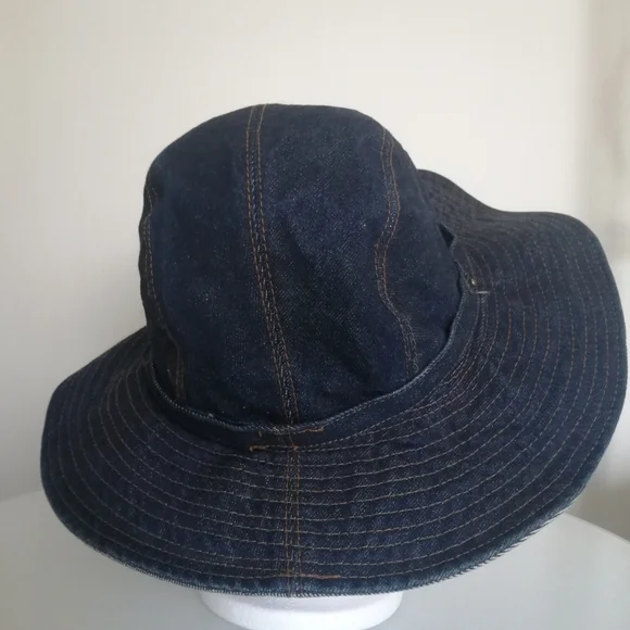 Women's Navy Wide-Brim Denim Sun Hat Vintage - Picture 2 of 12